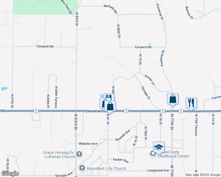 map of restaurants, bars, coffee shops, grocery stores, and more near 3218 North 80th Terrace in Kansas City