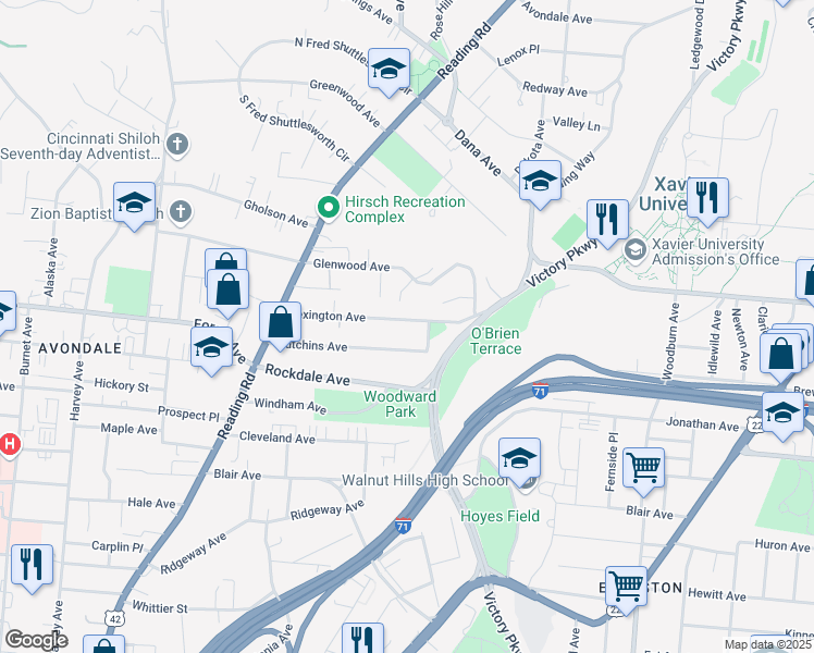 map of restaurants, bars, coffee shops, grocery stores, and more near 915 Lexington Avenue in Cincinnati