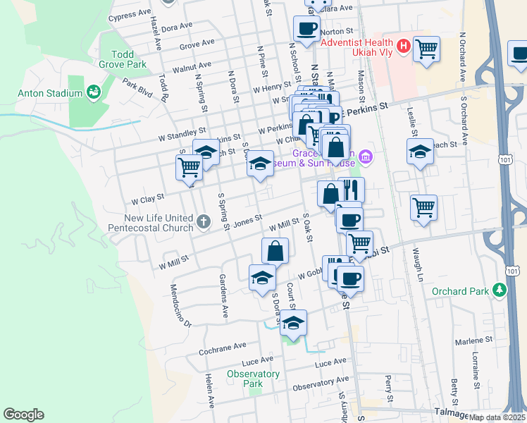 map of restaurants, bars, coffee shops, grocery stores, and more near 585 South Dora Street in Ukiah