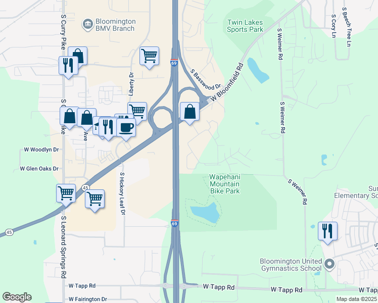 map of restaurants, bars, coffee shops, grocery stores, and more near 1648 South Oakdale Drive in Bloomington