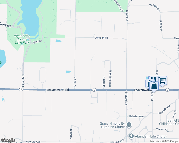 map of restaurants, bars, coffee shops, grocery stores, and more near 3216 North 85 Place in Kansas City