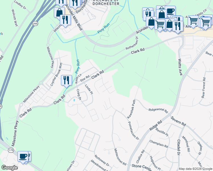 map of restaurants, bars, coffee shops, grocery stores, and more near 7515 Gleneagle Drive in Jessup