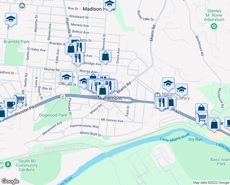 map of restaurants, bars, coffee shops, grocery stores, and more near 3914 Miami Road in Cincinnati