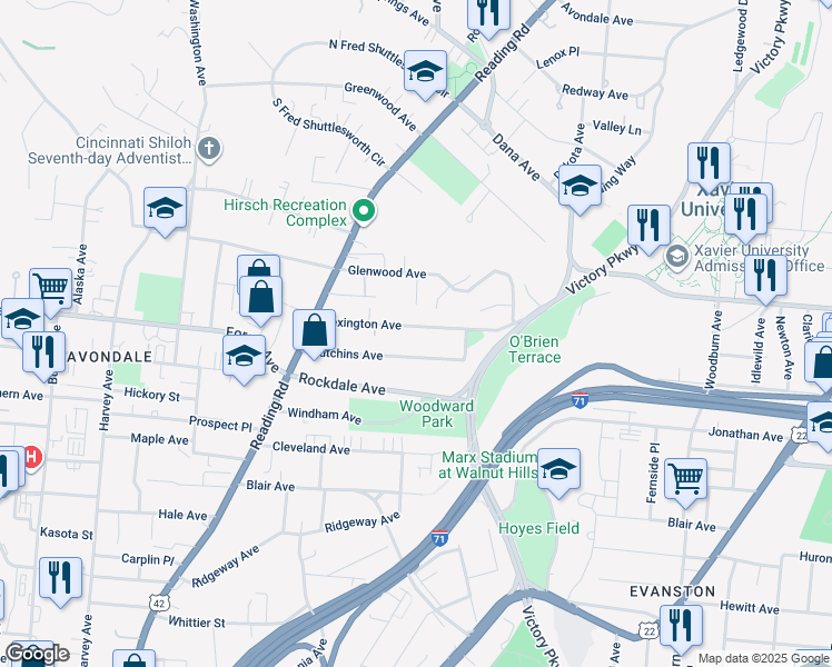 map of restaurants, bars, coffee shops, grocery stores, and more near 887 Lexington Avenue in Cincinnati