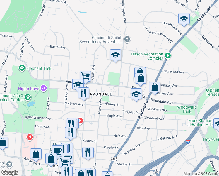 map of restaurants, bars, coffee shops, grocery stores, and more near 519 Forest Avenue in Cincinnati