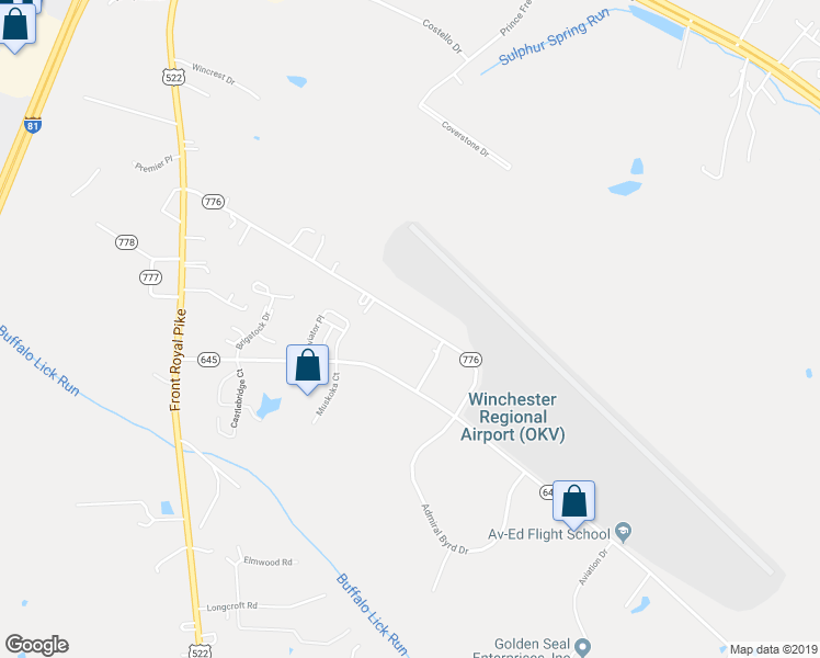 map of restaurants, bars, coffee shops, grocery stores, and more near 382 Bufflick Road in Winchester