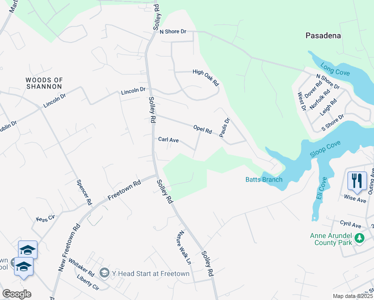 map of restaurants, bars, coffee shops, grocery stores, and more near 627 Carl Avenue in Glen Burnie
