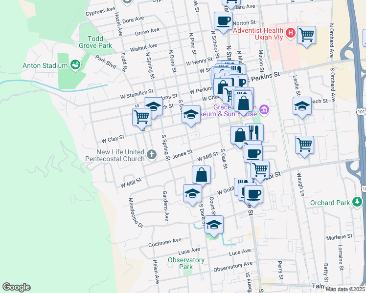 map of restaurants, bars, coffee shops, grocery stores, and more near 585 South Dora Street in Ukiah