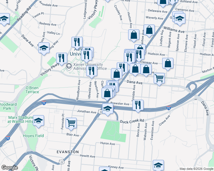 map of restaurants, bars, coffee shops, grocery stores, and more near 3621 Montgomery Road in Cincinnati