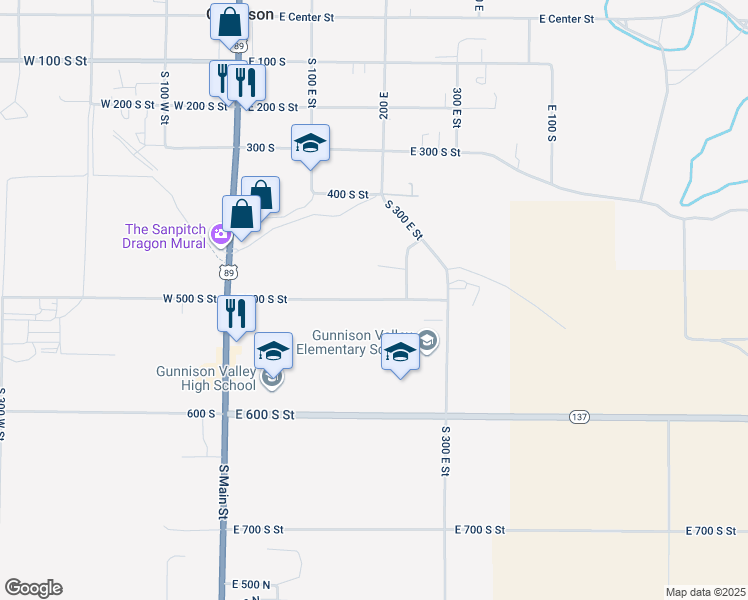 map of restaurants, bars, coffee shops, grocery stores, and more near 137 East 500 South Street in Gunnison