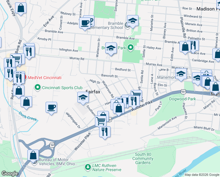 map of restaurants, bars, coffee shops, grocery stores, and more near 3825 Watterson Road in Cincinnati