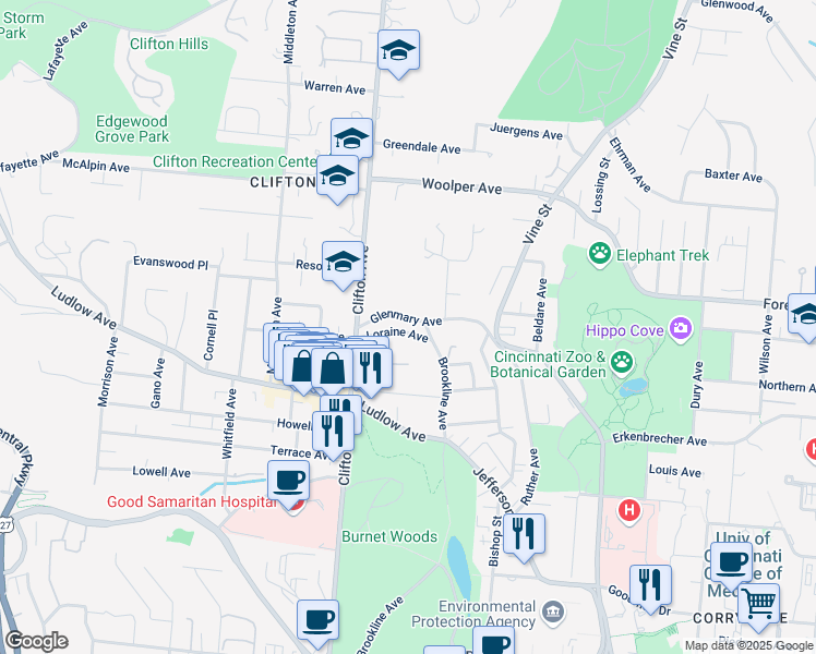 map of restaurants, bars, coffee shops, grocery stores, and more near in Cincinnati
