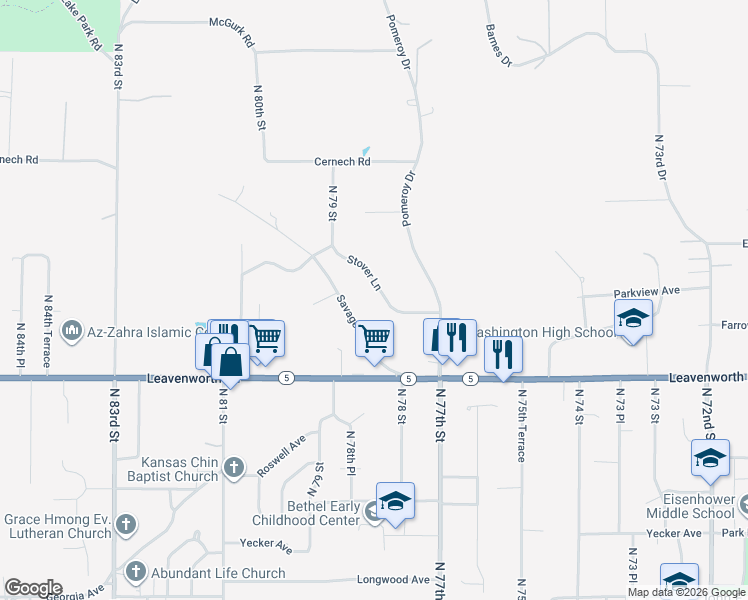 map of restaurants, bars, coffee shops, grocery stores, and more near 7801 Stover Lane in Kansas City