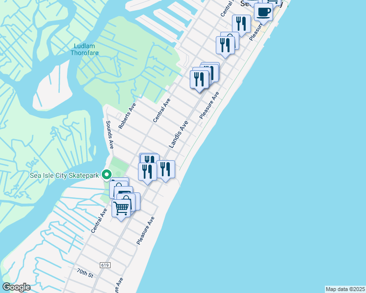 map of restaurants, bars, coffee shops, grocery stores, and more near 5504 Pleasure Avenue in Sea Isle City