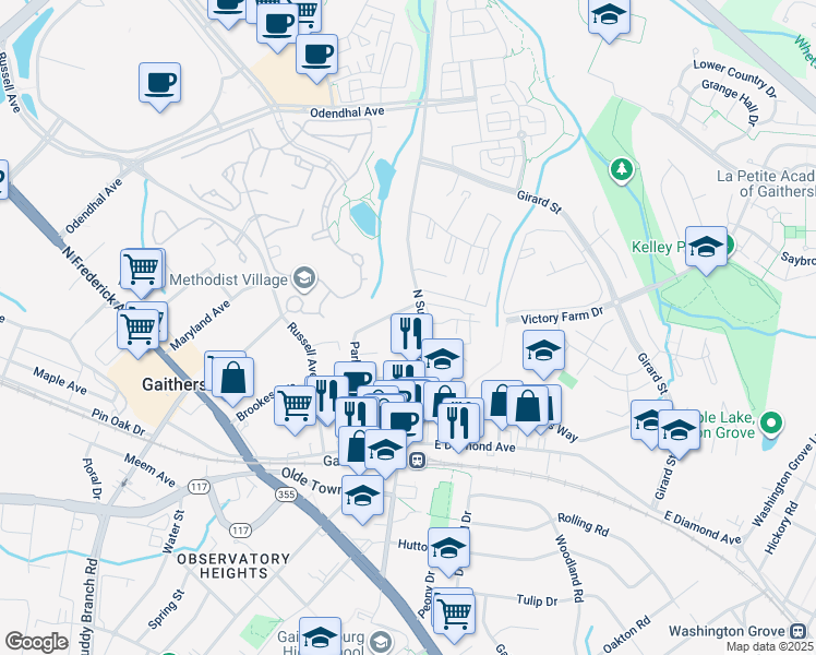 map of restaurants, bars, coffee shops, grocery stores, and more near 357 Belt Place in Gaithersburg