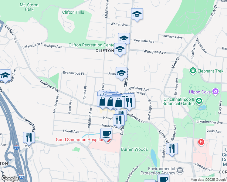 map of restaurants, bars, coffee shops, grocery stores, and more near 3505 Telford Street in Cincinnati