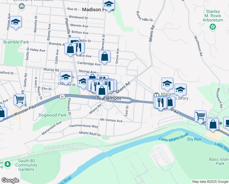 map of restaurants, bars, coffee shops, grocery stores, and more near 3914 Miami Road in Cincinnati