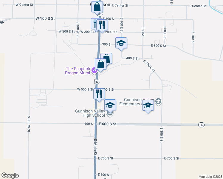 map of restaurants, bars, coffee shops, grocery stores, and more near 67 East 500 South Street in Gunnison