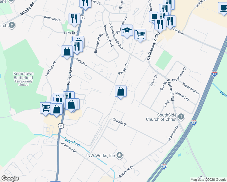 map of restaurants, bars, coffee shops, grocery stores, and more near 2924 Packer Street in Winchester