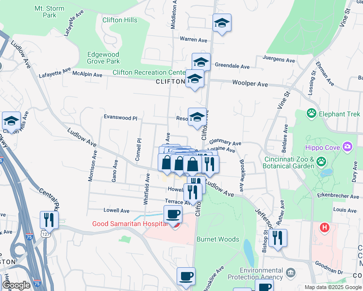 map of restaurants, bars, coffee shops, grocery stores, and more near 3503 Telford Street in Cincinnati