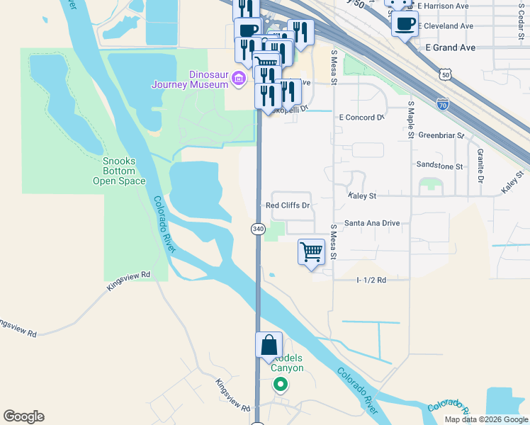 map of restaurants, bars, coffee shops, grocery stores, and more near 700-762 Colorado 340 in Fruita