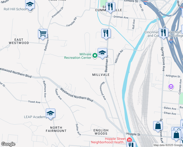 map of restaurants, bars, coffee shops, grocery stores, and more near 1947 Neyer Avenue in Cincinnati