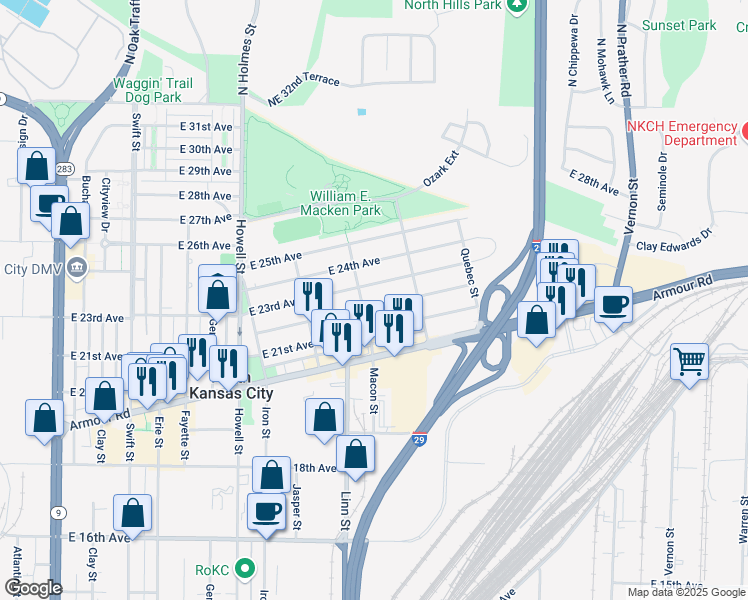 map of restaurants, bars, coffee shops, grocery stores, and more near 1206 East 22nd Avenue in Kansas City