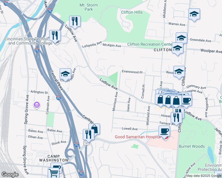 map of restaurants, bars, coffee shops, grocery stores, and more near 617 Ludlow Avenue in Cincinnati