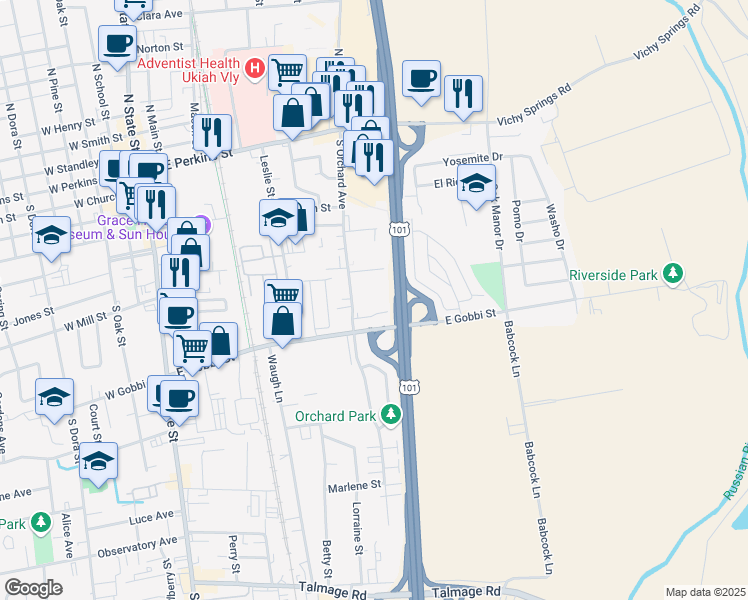 map of restaurants, bars, coffee shops, grocery stores, and more near 671 South Orchard Avenue in Ukiah
