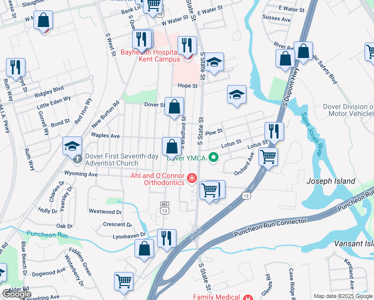 map of restaurants, bars, coffee shops, grocery stores, and more near 1045 S Bradford St in Dover