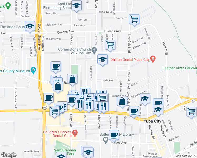 map of restaurants, bars, coffee shops, grocery stores, and more near 675 Lewis Avenue in Yuba City