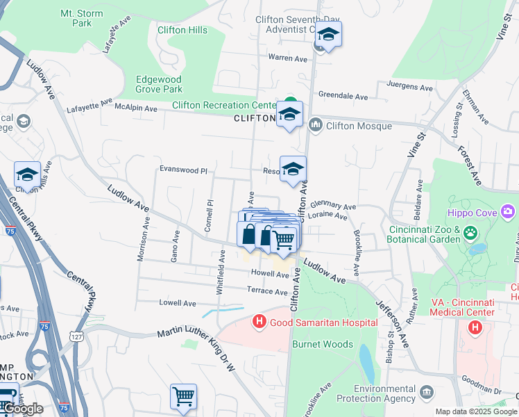 map of restaurants, bars, coffee shops, grocery stores, and more near 356 Bryant Avenue in Cincinnati