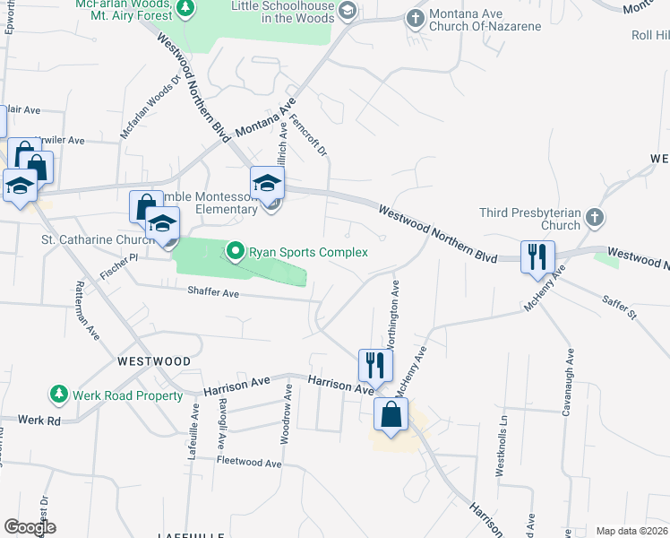 map of restaurants, bars, coffee shops, grocery stores, and more near 3175 Ferncrest Court in Cincinnati