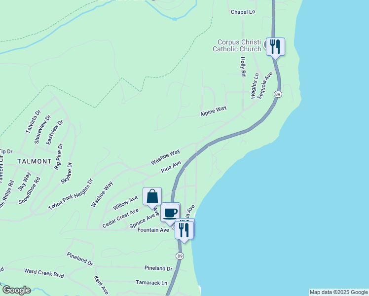 map of restaurants, bars, coffee shops, grocery stores, and more near 1465 Washoe Way in Tahoe City