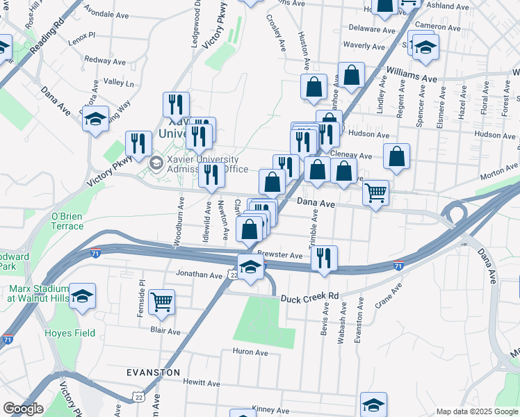 map of restaurants, bars, coffee shops, grocery stores, and more near 3621 Montgomery Road in Cincinnati