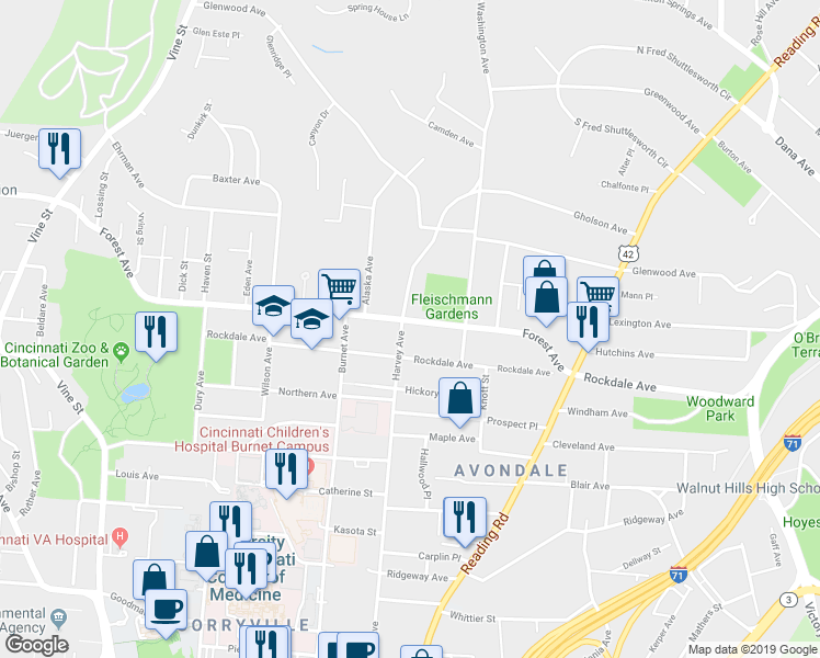 map of restaurants, bars, coffee shops, grocery stores, and more near in Cincinnati