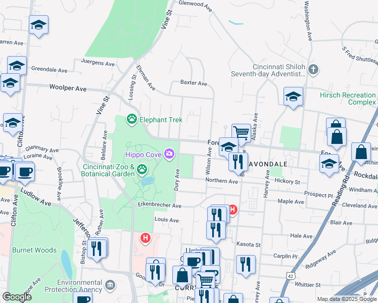 map of restaurants, bars, coffee shops, grocery stores, and more near 3442 Larona Avenue in Cincinnati