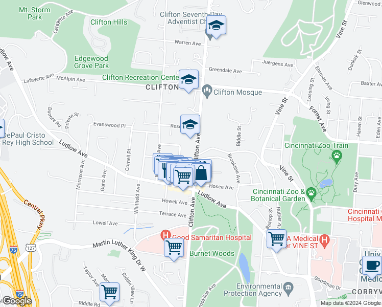 map of restaurants, bars, coffee shops, grocery stores, and more near 264 Loraine Avenue in Cincinnati