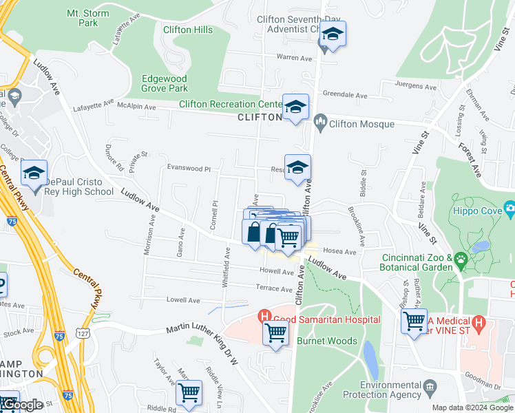 map of restaurants, bars, coffee shops, grocery stores, and more near 3442 Middleton Avenue in Cincinnati