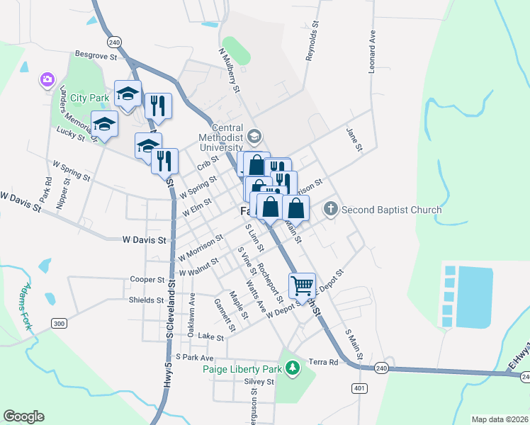 map of restaurants, bars, coffee shops, grocery stores, and more near in Fayette