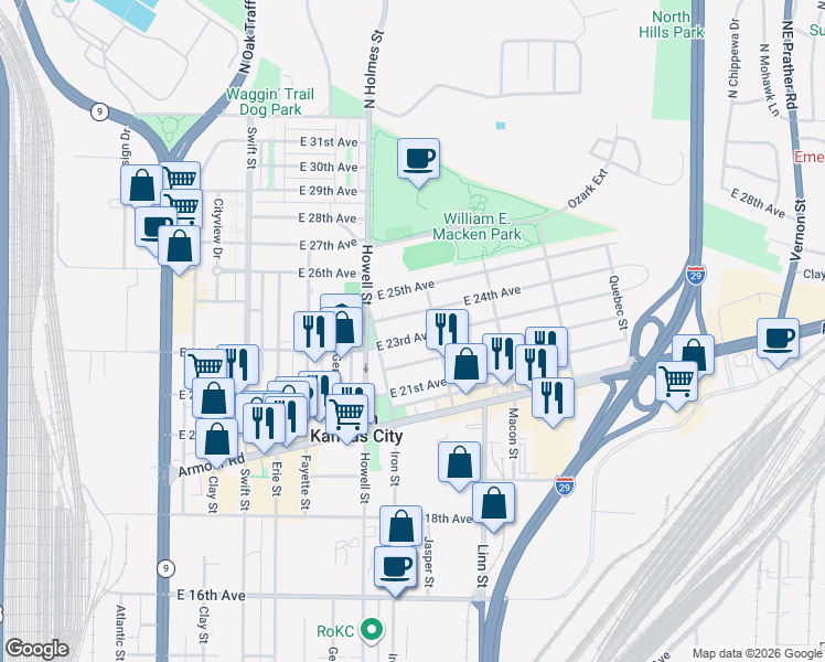 map of restaurants, bars, coffee shops, grocery stores, and more near 827 East 23rd Avenue in North Kansas City