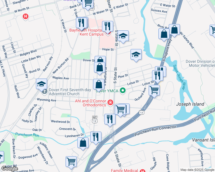 map of restaurants, bars, coffee shops, grocery stores, and more near 1045 South Bradford Street in Dover