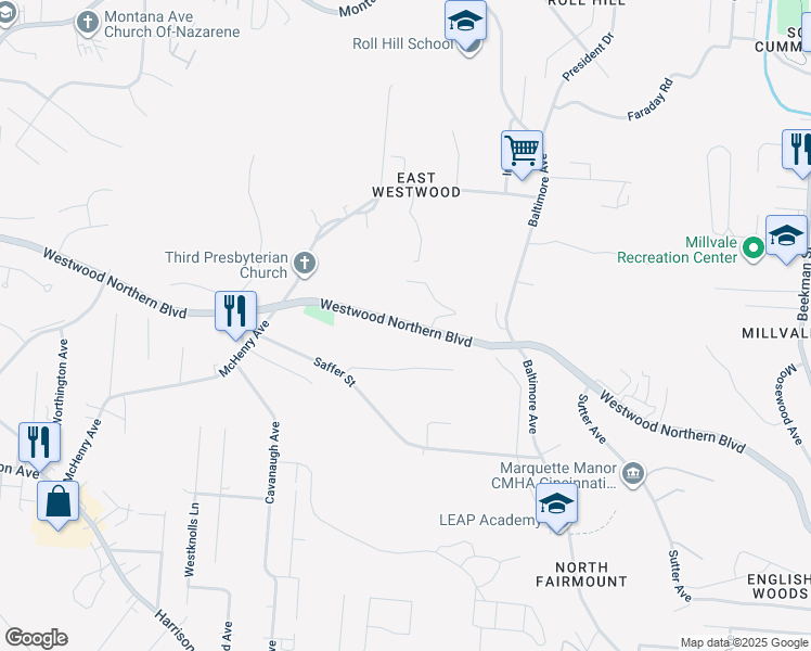 map of restaurants, bars, coffee shops, grocery stores, and more near 2227 Westwood Northern Blvd in Cincinnati