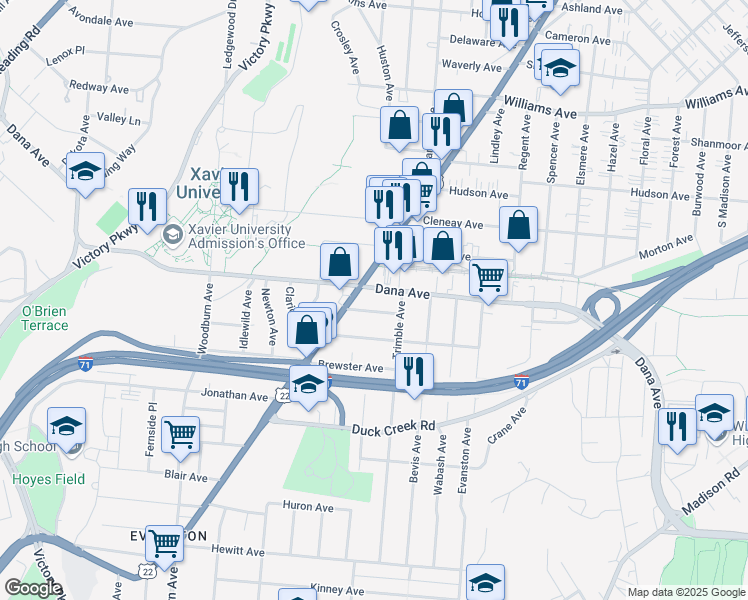 map of restaurants, bars, coffee shops, grocery stores, and more near 1820 Rutland Avenue in Cincinnati