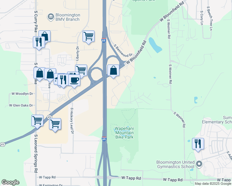map of restaurants, bars, coffee shops, grocery stores, and more near 1655 South Oakdale Drive in Bloomington