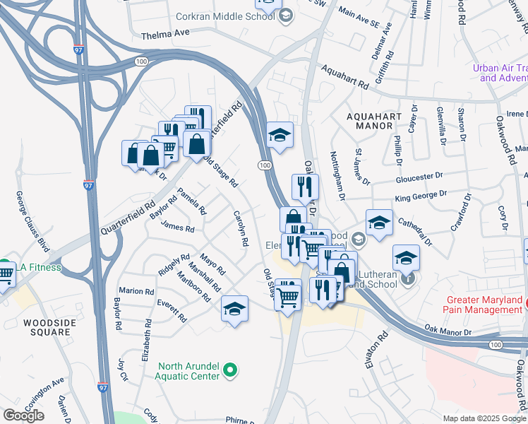 map of restaurants, bars, coffee shops, grocery stores, and more near 620 Old Stage Road in Glen Burnie