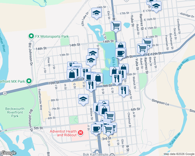 map of restaurants, bars, coffee shops, grocery stores, and more near 10th Street in Marysville