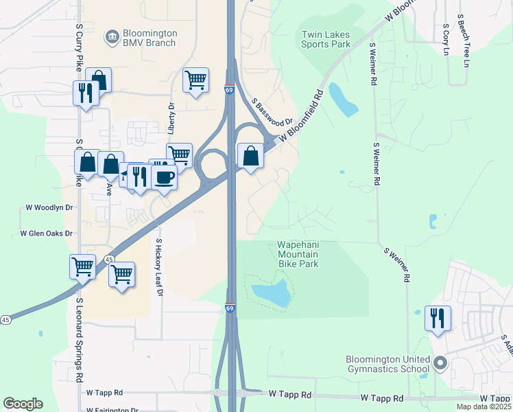 map of restaurants, bars, coffee shops, grocery stores, and more near 1655 South Oakdale Drive in Bloomington
