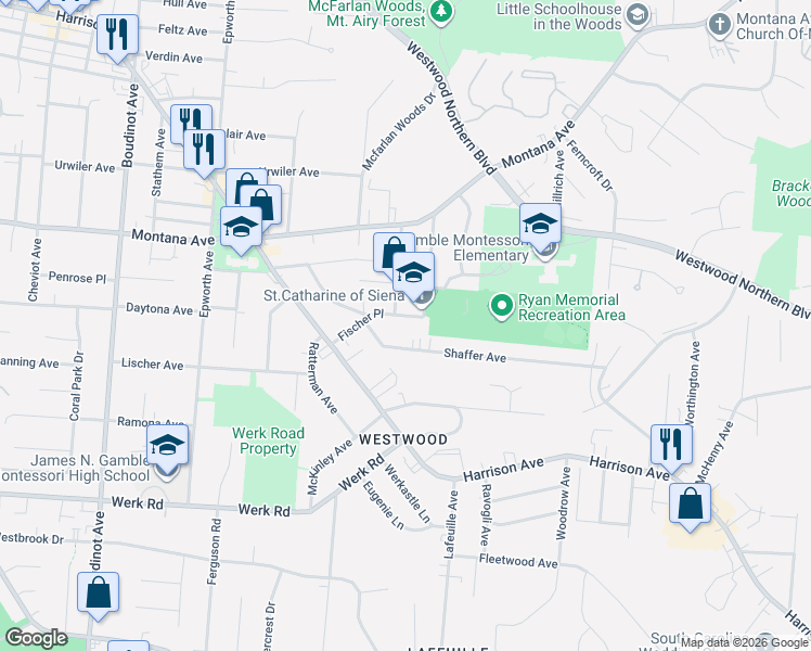 map of restaurants, bars, coffee shops, grocery stores, and more near 2858 Shaffer Avenue in Cincinnati