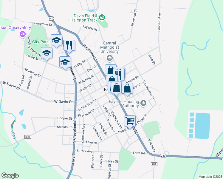 map of restaurants, bars, coffee shops, grocery stores, and more near in Fayette